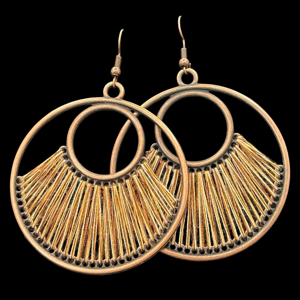 Boho Copper Tone Circular Thread Wrapped Hoop Dangle Drop Statement Earrings